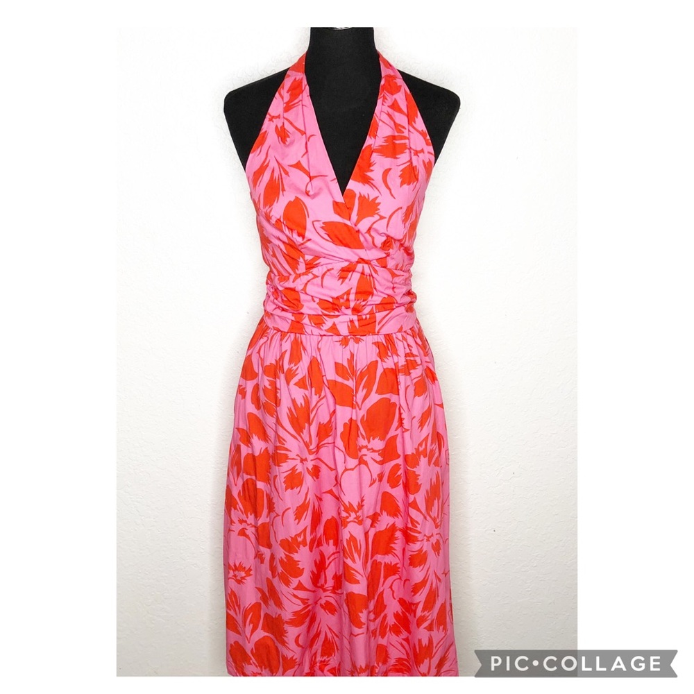 Boston Proper pink red floral sleeveless halter midi dress size 6